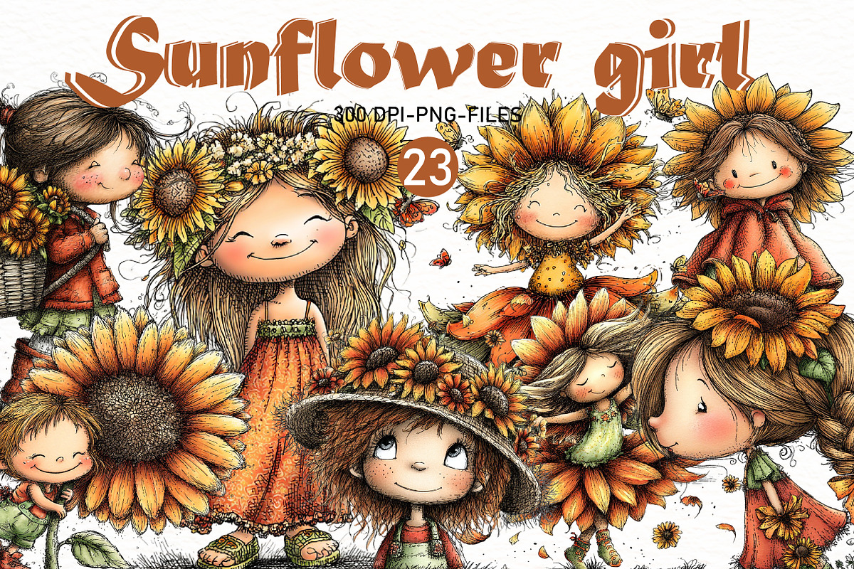 Whimsical Sunflower Girl Clipart, a Seasonal Illustration by Designworld (Photo 1 of 9)