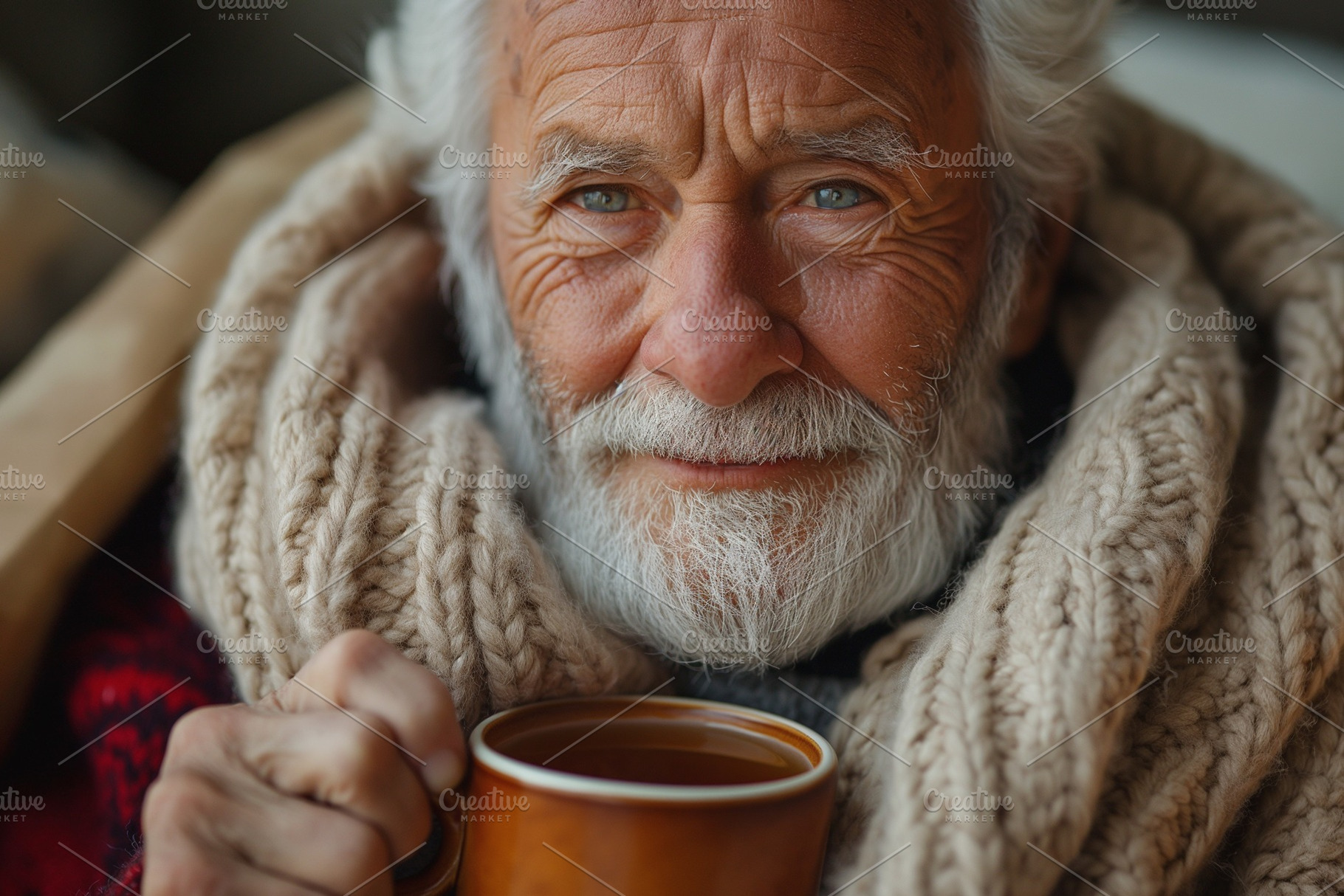 Smiling elderly man with white hair and beard, wrapped in a cozy scarf, enjoyin, a Person Photo by ImageMir