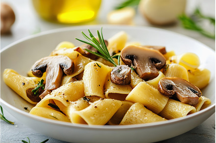 Delicious mushroom pasta served on a, a Food & Drink Photo by Lermont51