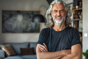 Portrait of mature man with long grey hair standing in living room, a Person Photo by AlyaAnd