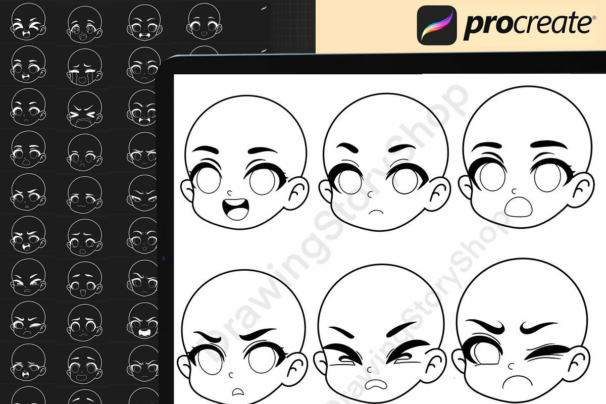 200 Procreate head chibi emote brush, a Brush Add-On by DrawingStoryShop