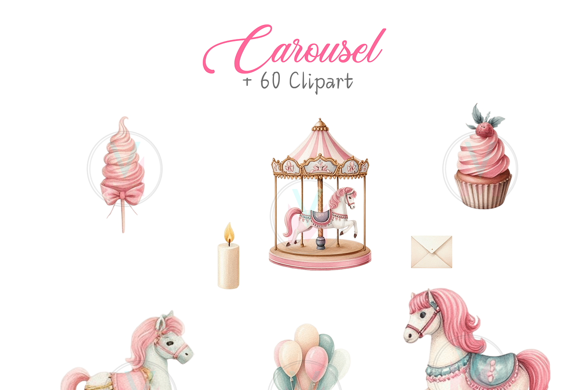 Pink Pony and Carousel Horse PNG, a Decorative Illustration by VM PARTYS  BY TAIRUMA (Photo 9 of 10)