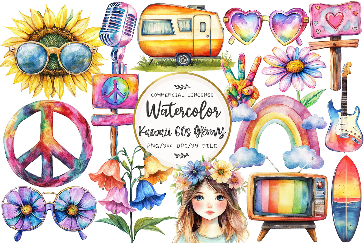 Kawaii 60s Groovy Watercolor Clipart, an Illustration by OK Design (Photo 1 of 5)