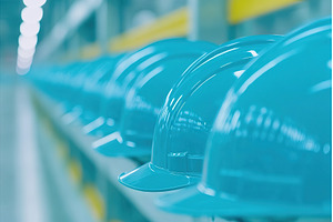 Row of blue hard hats aligned in, an Industrial Photo by Lermont51