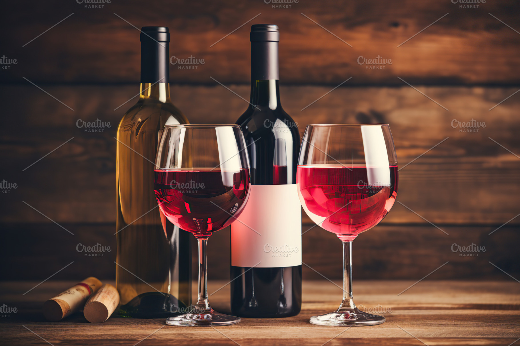 Bottles and glasses of red and white wine on wooden background, a Food & Drink Photo by AlyaAnd
