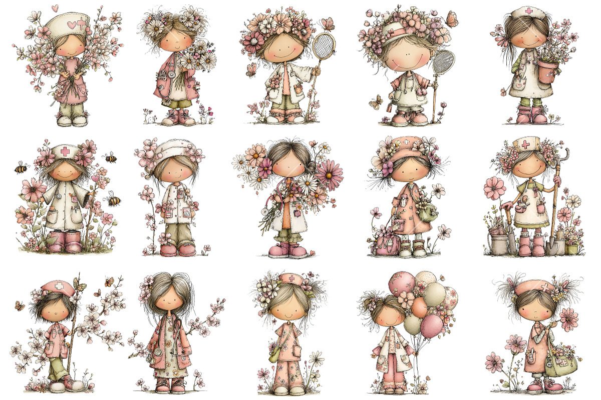 Whimsical Spring Nurse Clipart, an Illustration by OK Design (Photo 3 of 6)