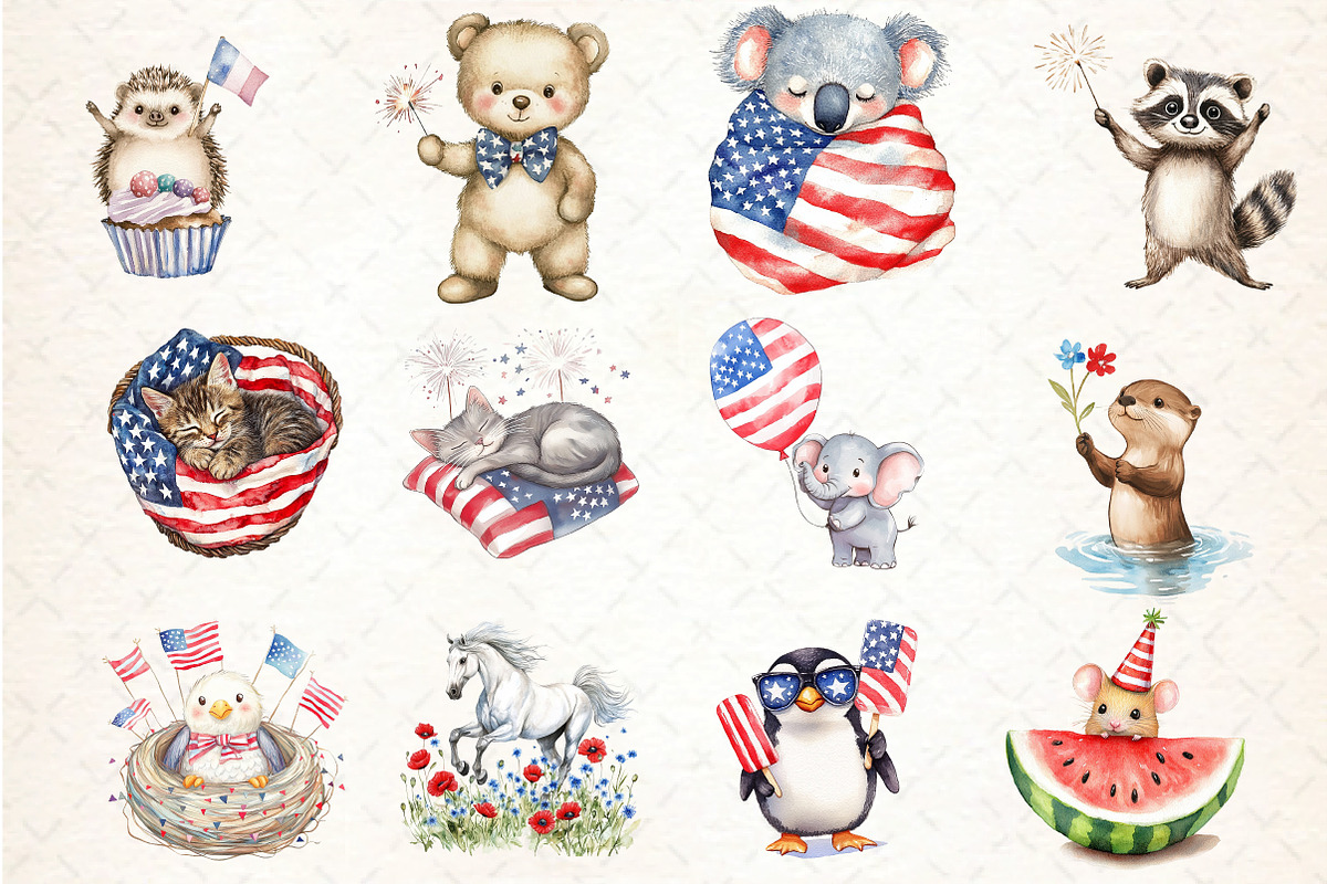 watercolor Animals 4th of July, an Illustration by DreamCafeArt (Photo 3 of 5)