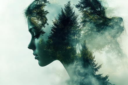 Double exposure portrait showing a w, a Background Photo by Pixeness