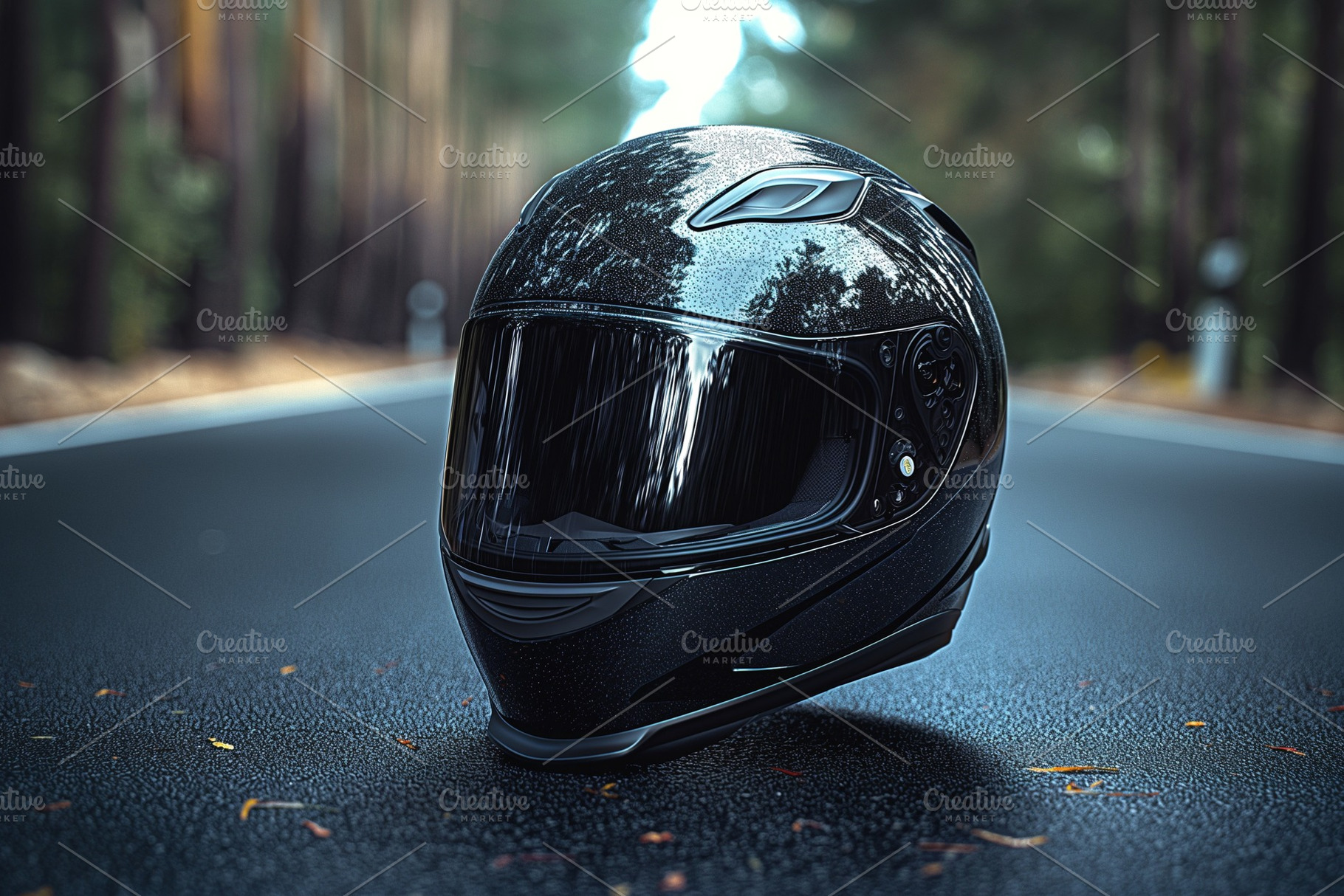 A sleek black motorcycle helmet placed on the road surrounded by trees, showcas, a Business Photo by ImageMir