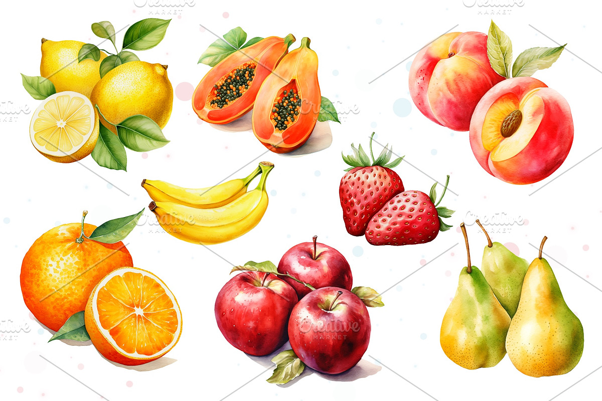 Watercolor Fruits Set, a Food Illustration by The Best Digital Plaza (Photo 2 of 3)