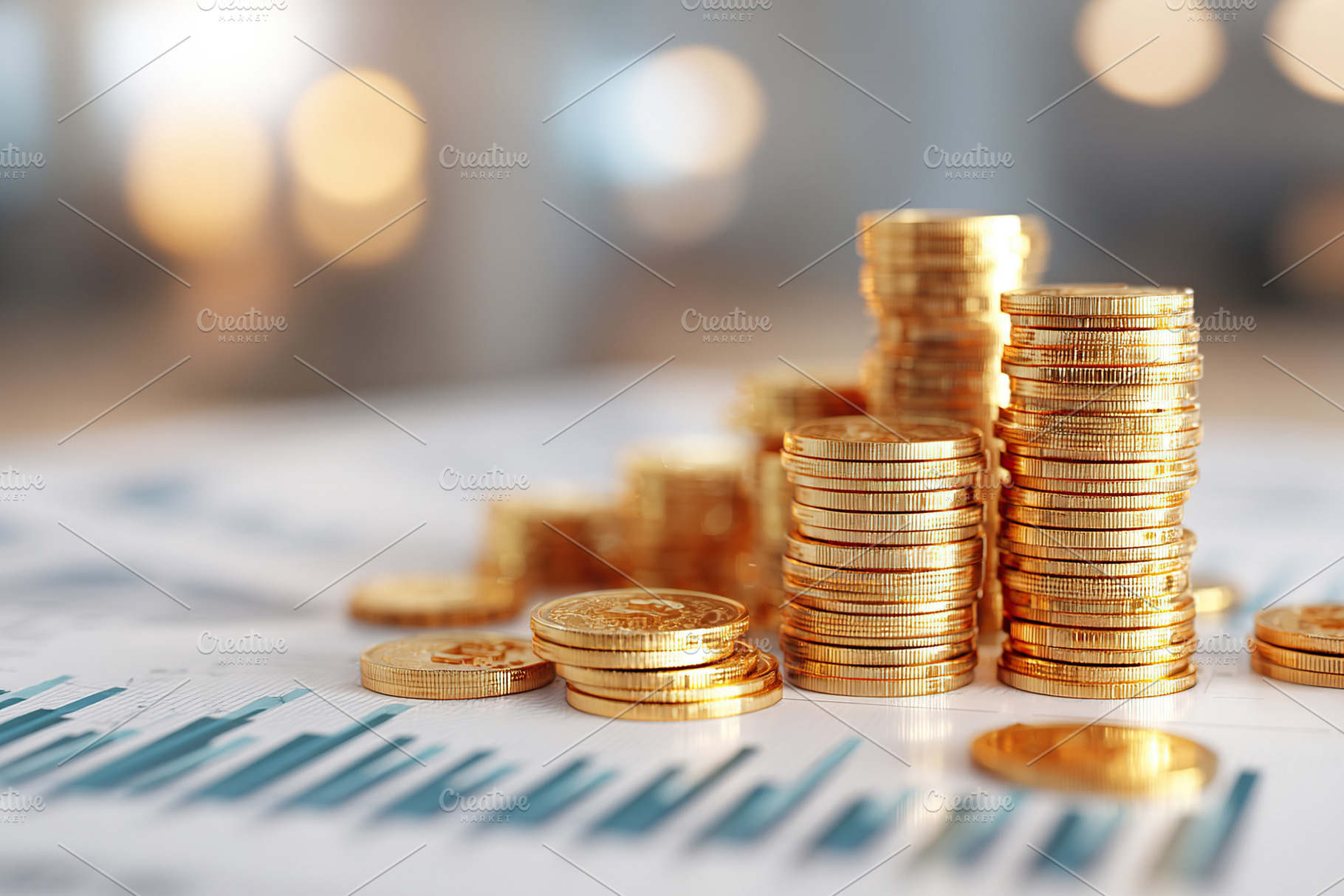 Stacks of coins and cash displayed with digital elements in a modern financial, a Business Photo by AlyaAnd