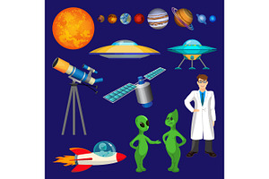 Set Of Planets, Scientist, Flying Rocket, Speaking Aliens, Telescope Vector