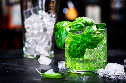 Basil smash alcoholic cocktail drink with dry gin, syrup, lemon,, a Food & Drink Photo by 5PH