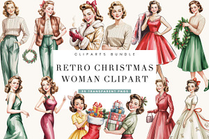 Retro Christmas Woman Clipart Bundle, a Person Illustration by BusyDaydesign