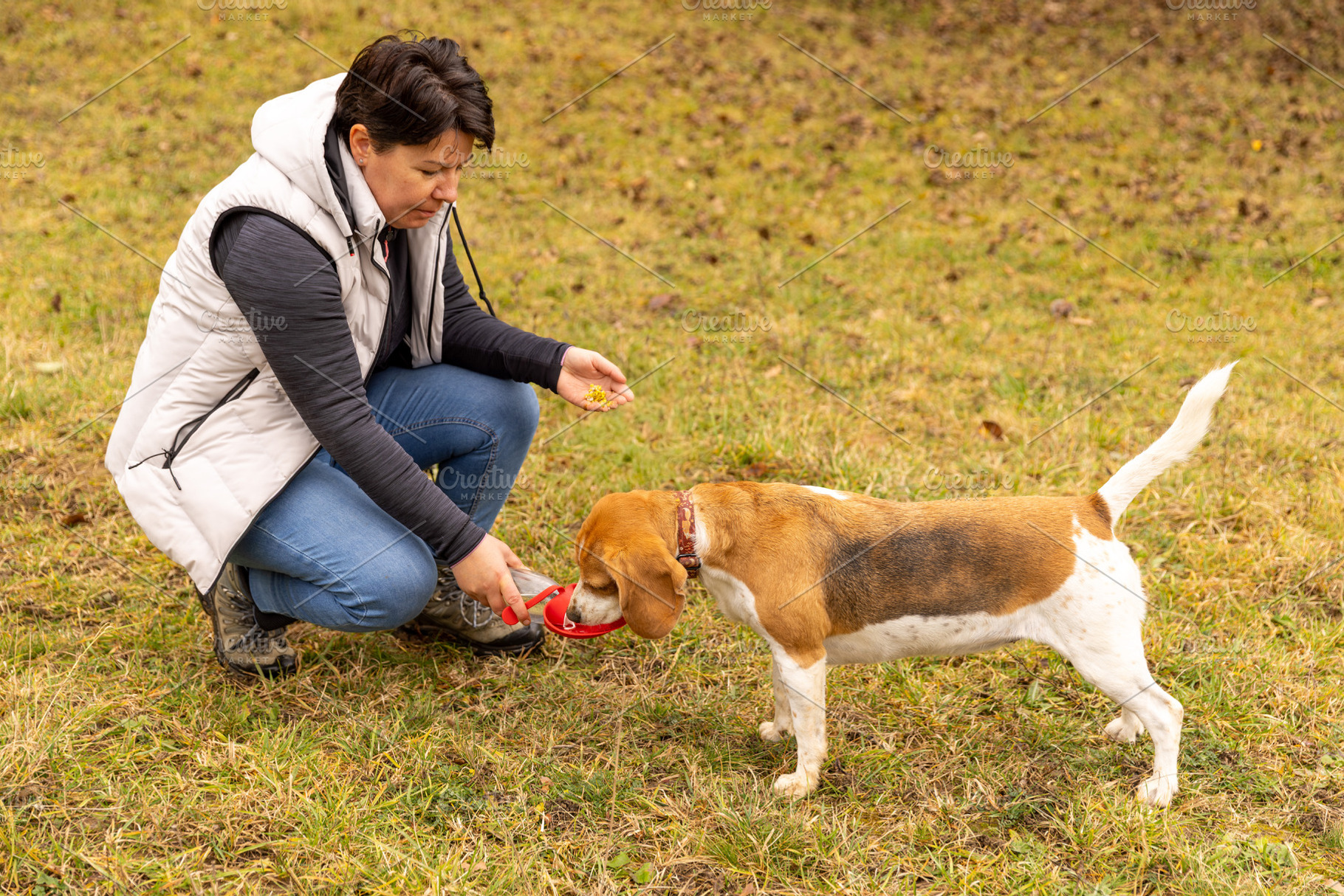 Owner giving water to dog, a Photo by Grafvision photography