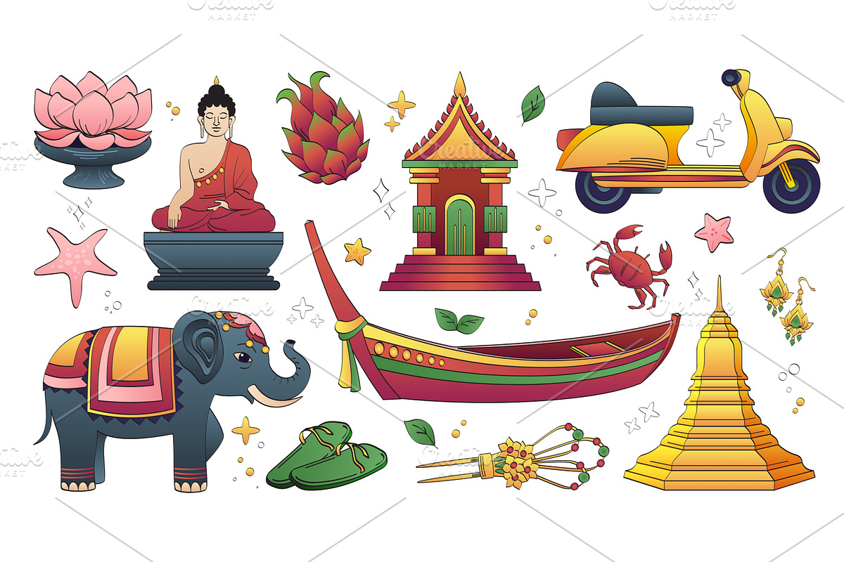 Thailand culture icons with Buddha, an Object Illustration by art PVP - market