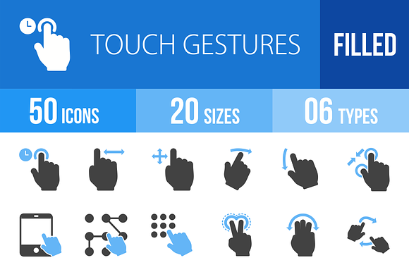 50 Touch Gestures Blue Black Icons