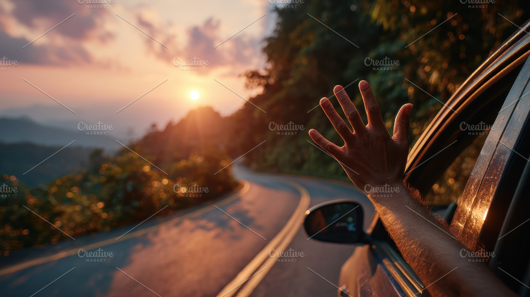 Hand out car window sunset road trip, a Photo by Pixeness Studio