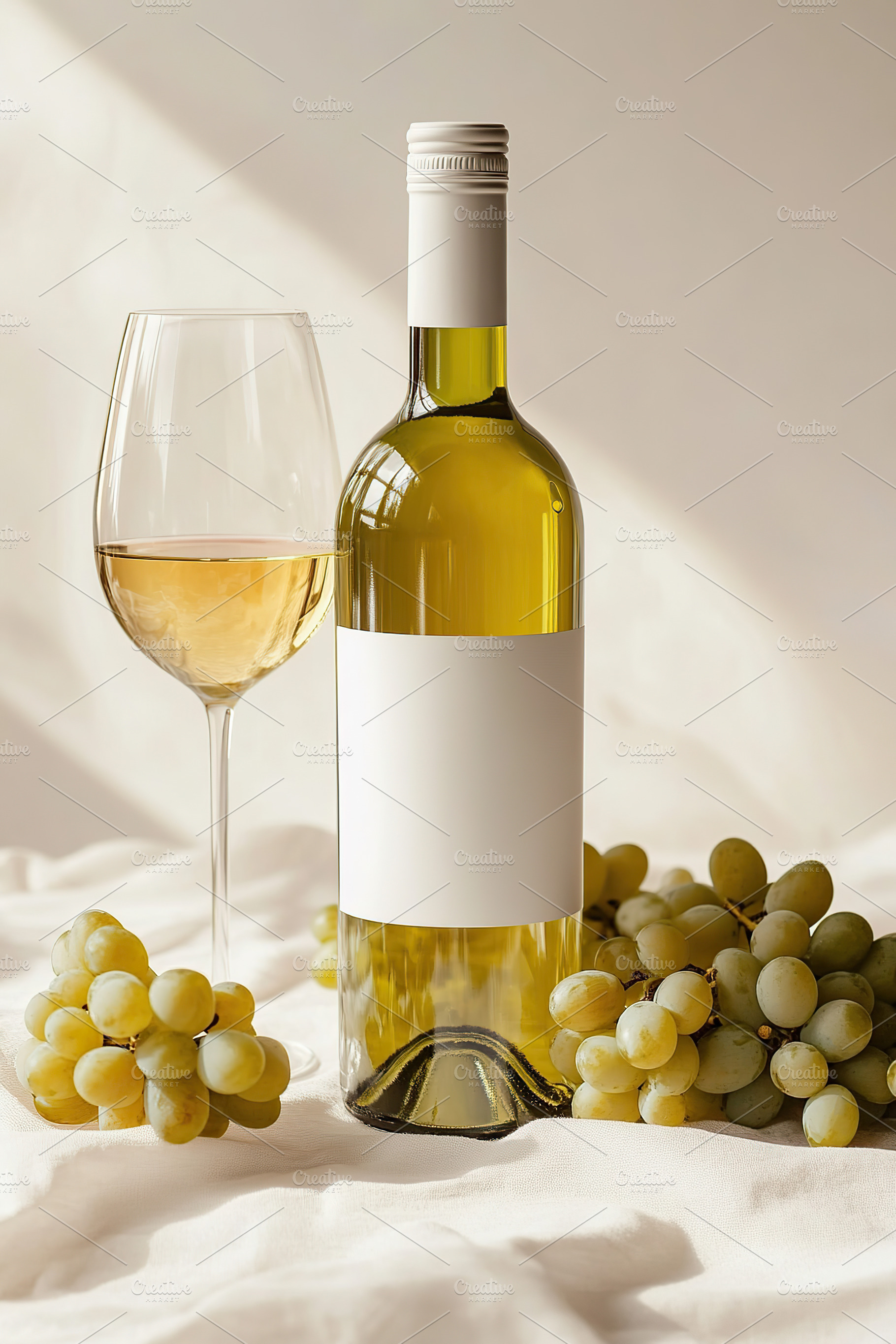 White wine bottle and glass with fresh grapes on a soft cloth, a Food & Drink Photo by AlyaAnd