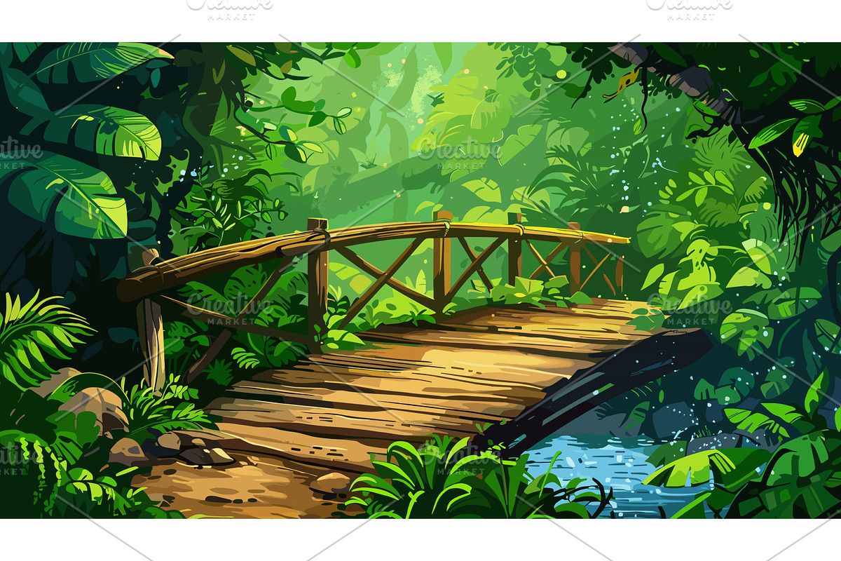 Wooden Bridge Over a River in a, an Illustration by LadadikArt