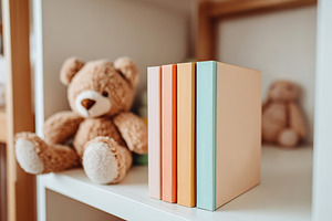Cozy children's reading corner with colorful books and plush toys on a shelf, a Photo by AlyaAnd