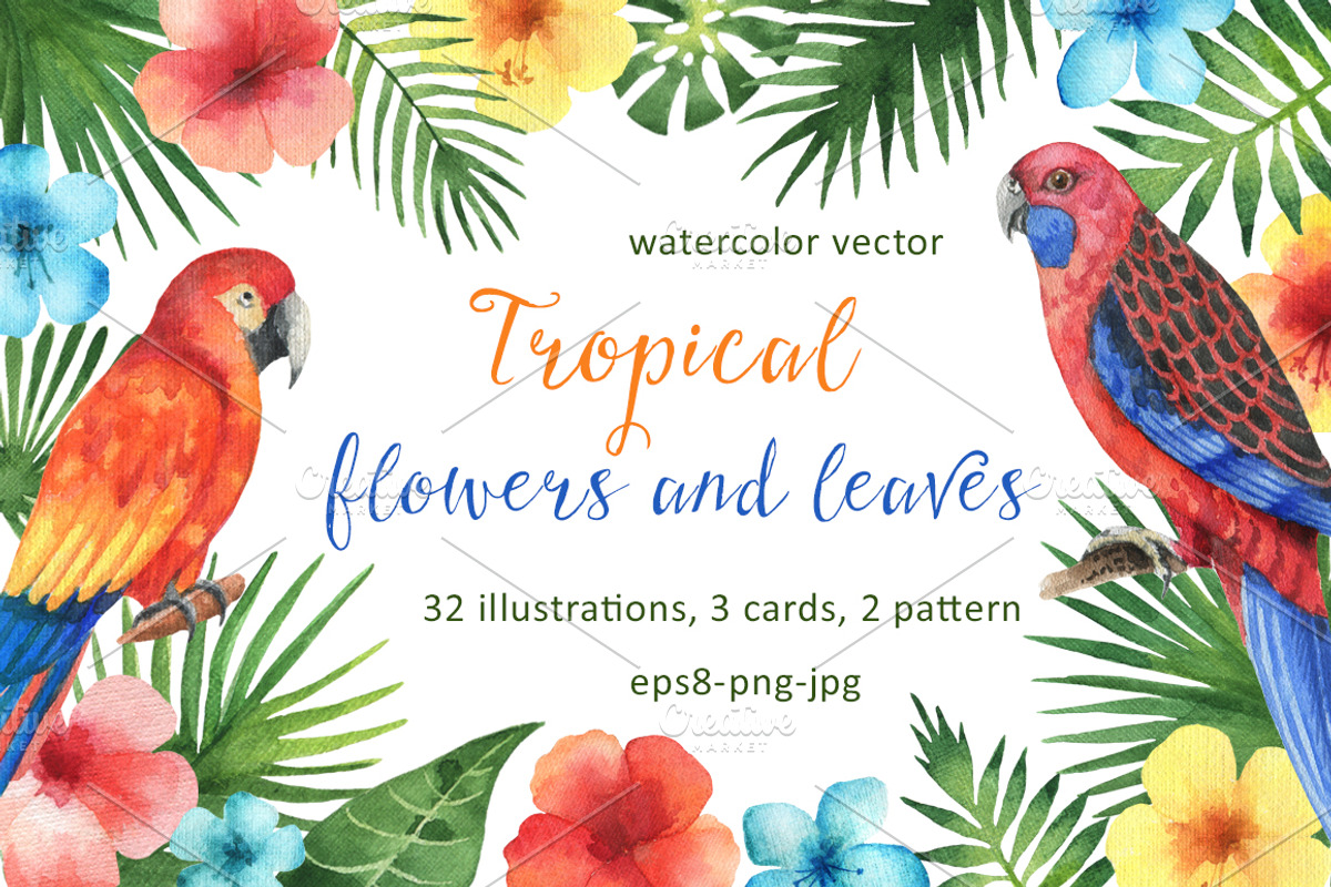 Tropical flowers and leaves., a Decorative Illustration by Elena Medvedeva (Photo 1 of 8)