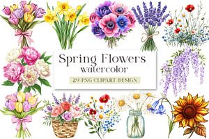 Watercolor Spring Flowers Clipart