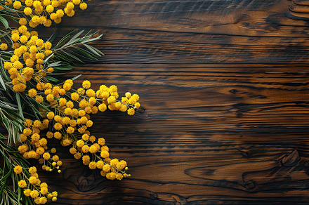 Mimosa flowers with copyspace for text on wooden table, a Nature Photo by AlyaAnd