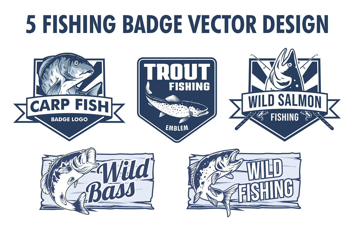 5 Fishing badge vector design, a Branding & Logo Template by VLSKA