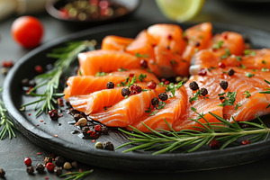 Freshly sliced salmon garnished with herbs and spices on a black, a Food & Drink Photo by ImageMir