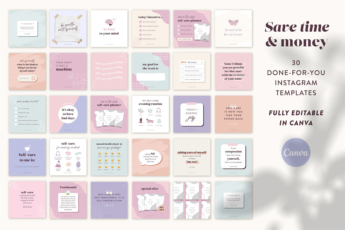 Self-Care Instagram Canva Templates, a Social Media Template by ClementineCreative (Photo 2 of 7)