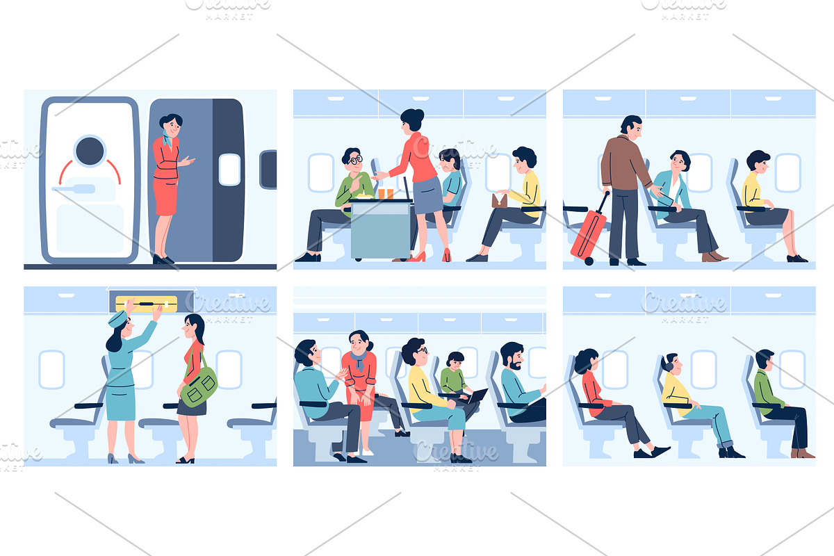 Inside airplane. Passengers travel, a Transportation Illustration by LadadikArt