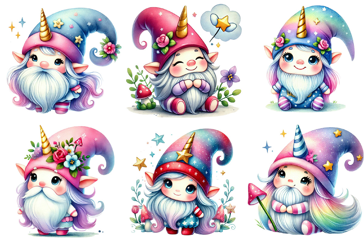 Watercolor Unicorn Gnome Clipart, an Illustration by Sublimation Artist (Photo 3 of 6)