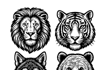lion, tiger, wolf, and bear heads., an Animal Illustration by yod67