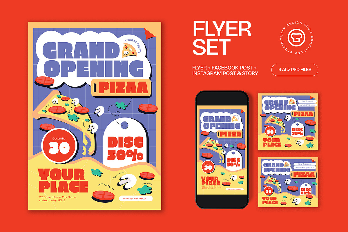 Cream Grand Opening Pizza Flyer Set, a Flyer Template by graphicook (Photo 1 of 3)