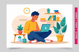Man floor laptop plants books, an Illustration by Tanuart