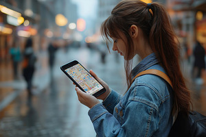 Young woman with long brown hair using a smartphone in a bustling urban street, a Person Photo by ImageMir