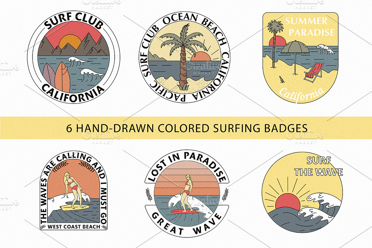 Vintage surfing badges and patterns., a Graphic by Sashevich