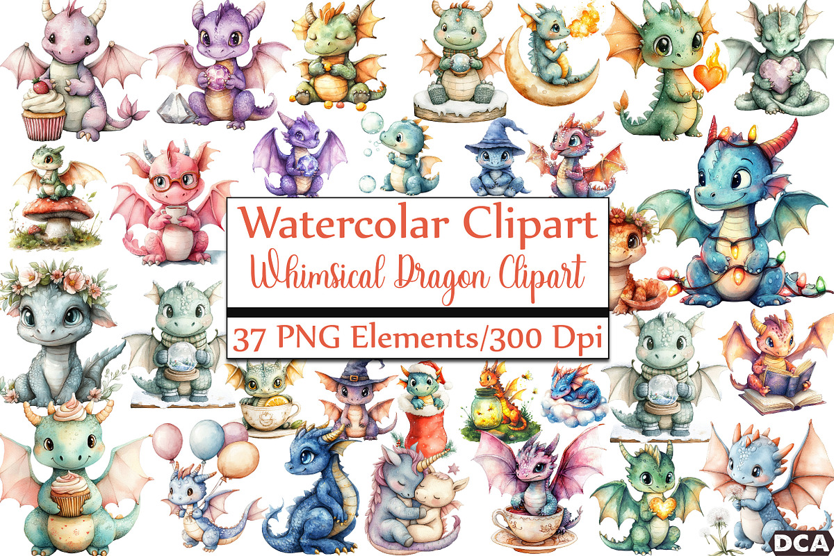 Whimsical Dragon Clipart, an Illustration by DreamCafeArt (Photo 1 of 7)