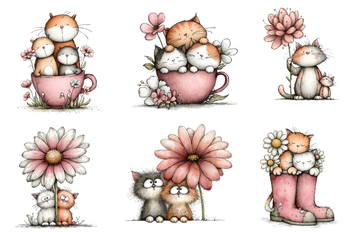 Whimsical Spring Cats Clipart Bundle, an Illustration by Dream Creation