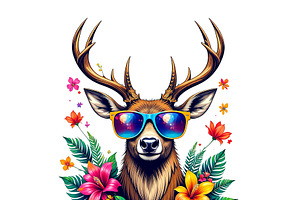 Deer wearing sunglasses and flowers, an Animal Illustration by yod67