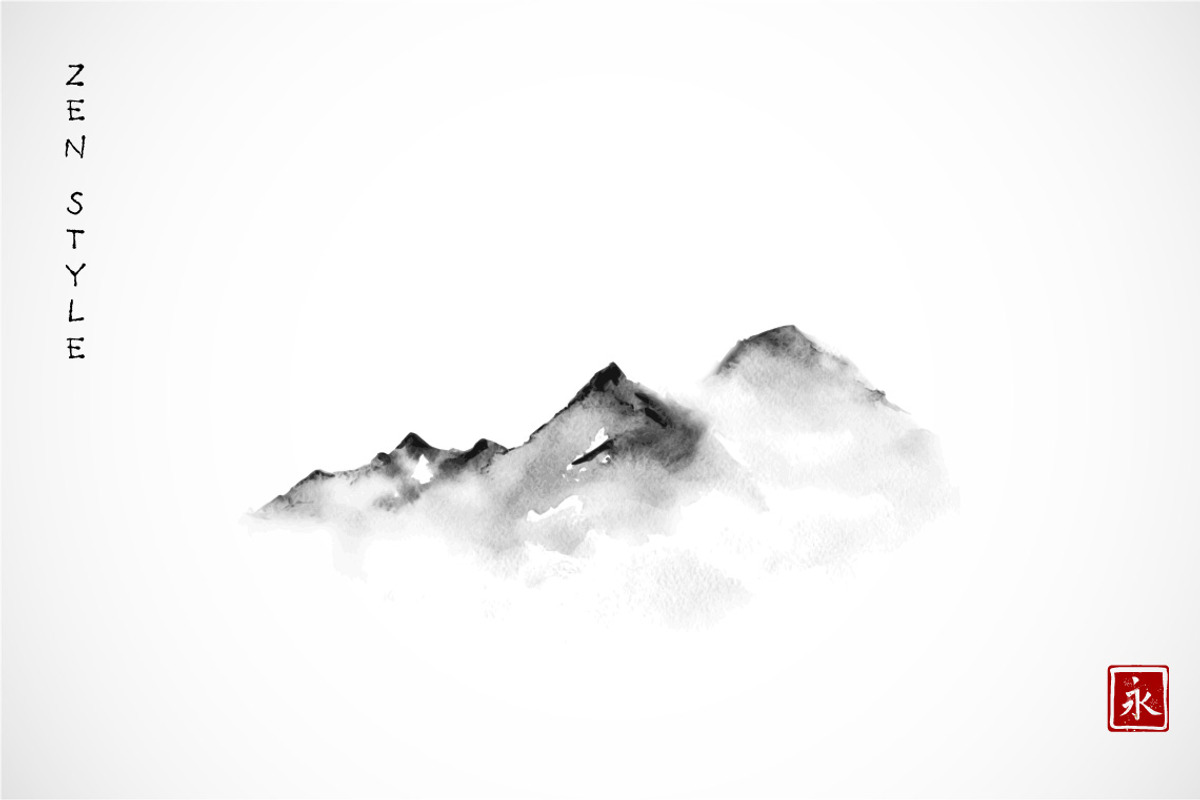 Sumi-e painting. Zen and mountains., an Illustration by Elina_Li