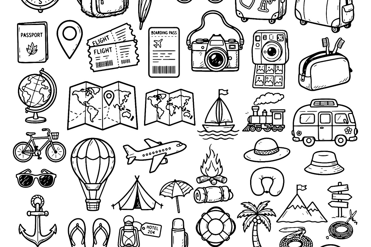 Set of travel outline doodle signs, a Transportation Illustration by Voodz_shop (Photo 2 of 3)