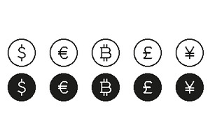 Pixel Art Dollar, Euro, and Bitcoin, an Object Illustration by Vector Creator