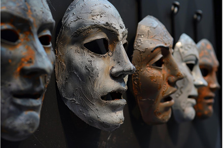 Row of dramatic masks hanging on, an Arts & Entertainment Photo by Ylivdesign