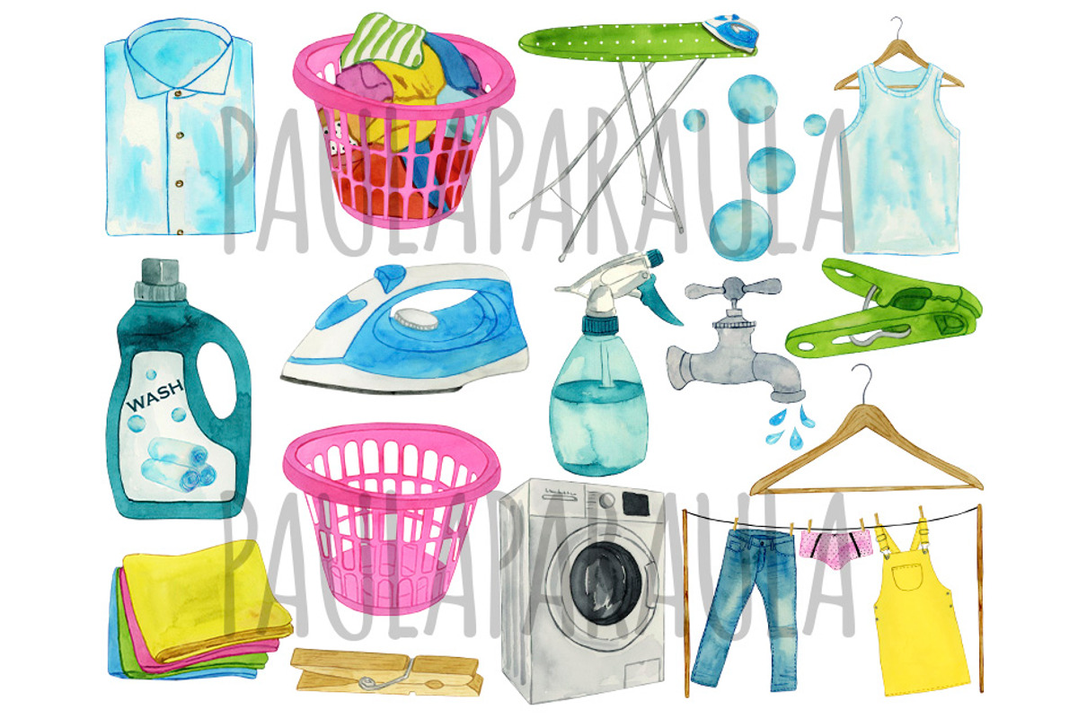 Watercolor Laundry Clipart, Cleaning, an Object Graphic by Paulaparaula (Photo 2 of 3)