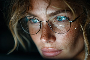 Portrait of a focused woman with glasses illuminated in dark surroundings, a Person Photo by AS photostudio