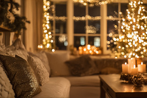 Living room interior showing a decorated Christmas tree, glowing, a Photo by Studio ANNA