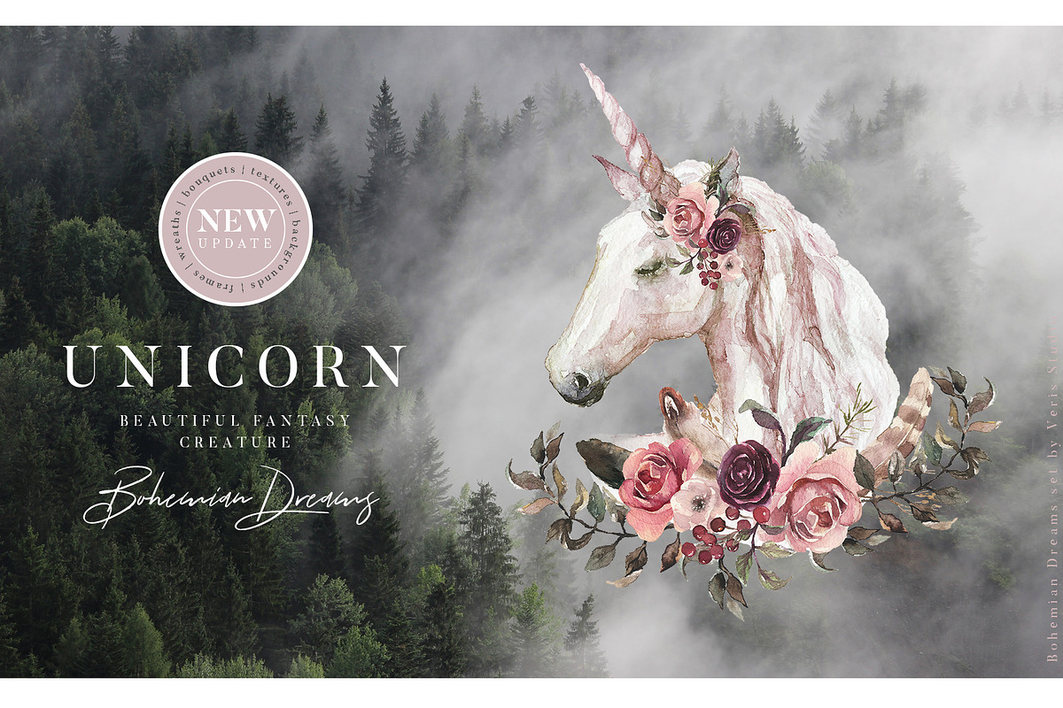 Watercolor Boho Floral Unicorn Set, a Decorative Illustration by Veris Studio (Photo 7 of 15)
