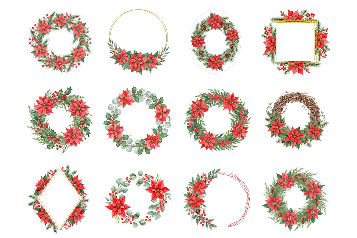 Poinsettia Christmas Wreaths Clipart, an Illustration by SinaCreation (Photo 2 of 7)